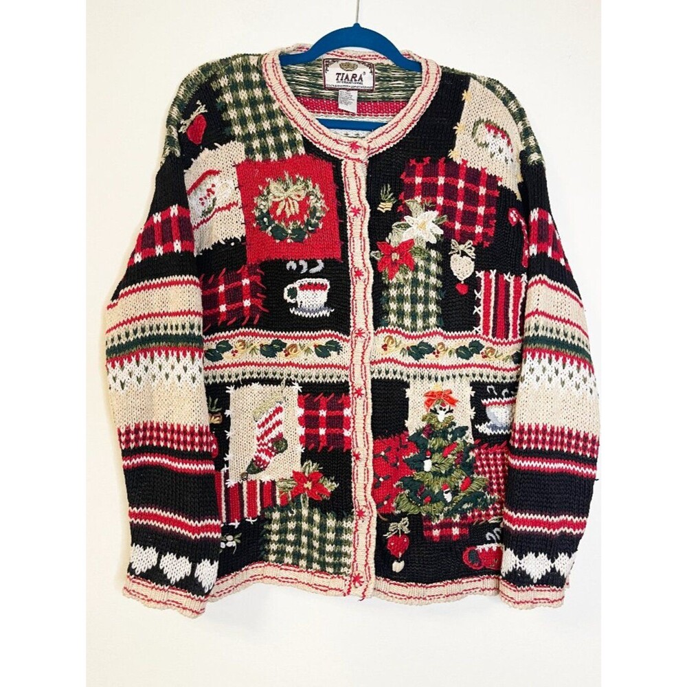 Tiara International Christmas Cardigan Sweater Small Patchwork Holiday Vintage